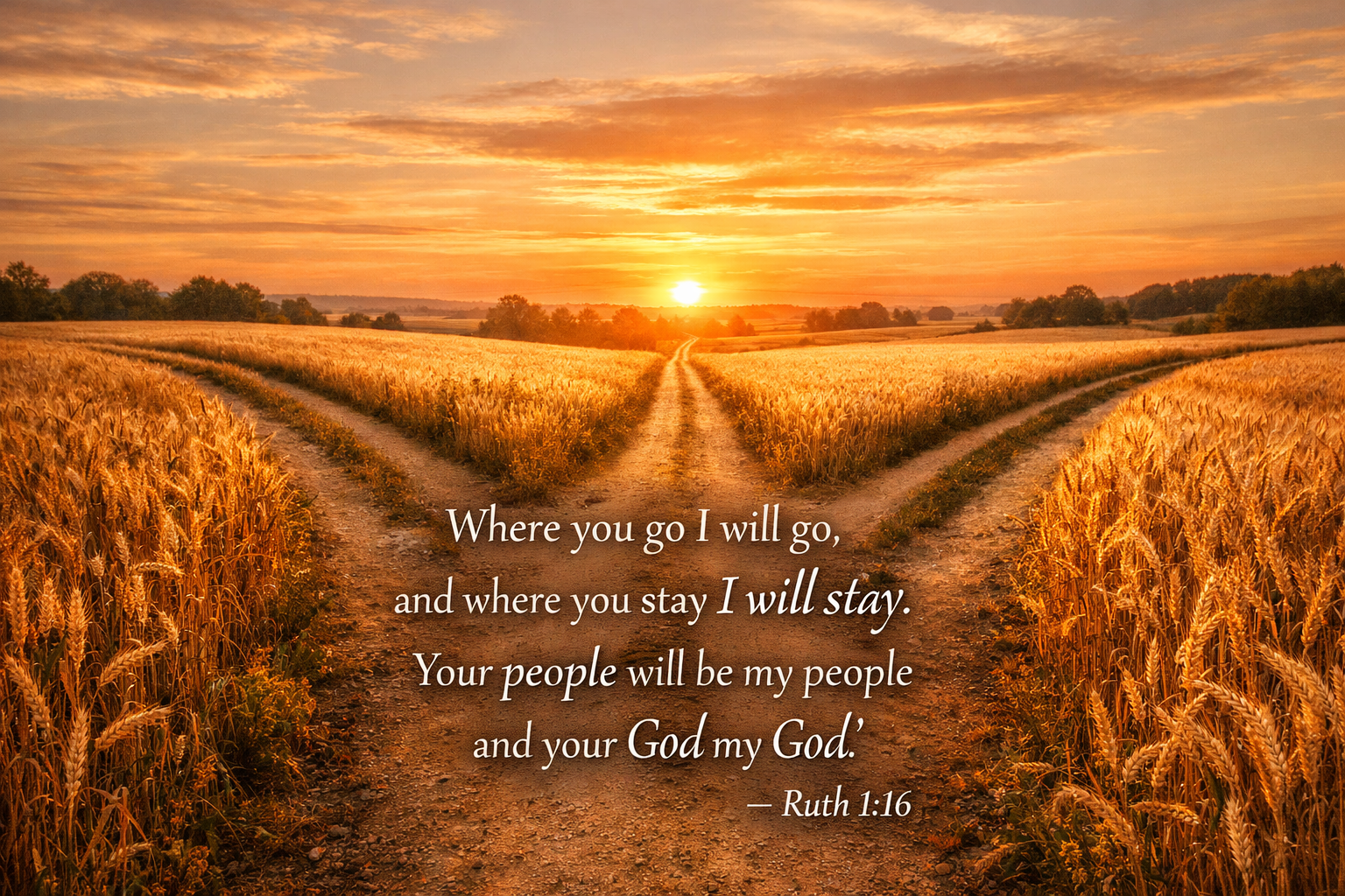 Bible verse wallpaper Ruth 1:16 with two paths converging into one road through golden wheat fields at sunset